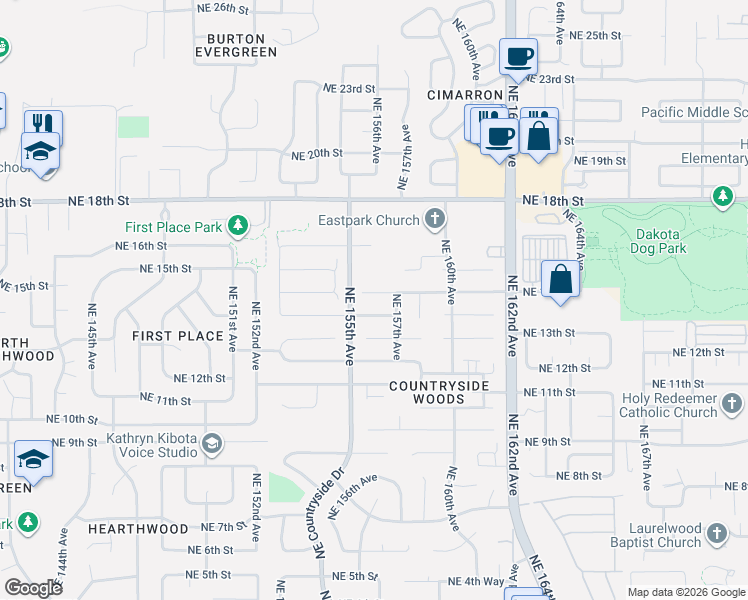 map of restaurants, bars, coffee shops, grocery stores, and more near 15607 Northeast 15th Circle in Vancouver