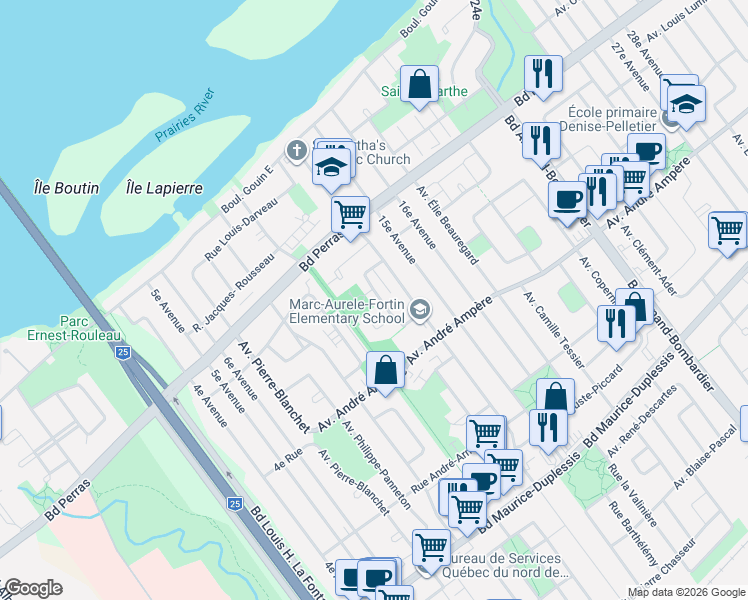 map of restaurants, bars, coffee shops, grocery stores, and more near 12310 Rue René-Chopin in Montréal
