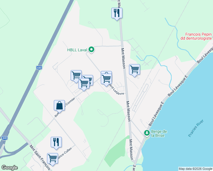 map of restaurants, bars, coffee shops, grocery stores, and more near 1650 Rue Bernard-Lefebvre in Laval