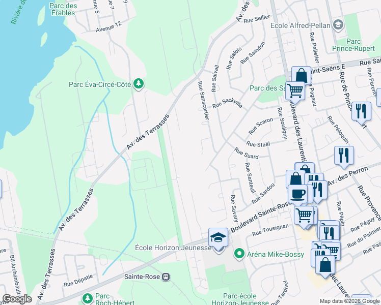 map of restaurants, bars, coffee shops, grocery stores, and more near Boulevard Sainte-Rose Est in Laval