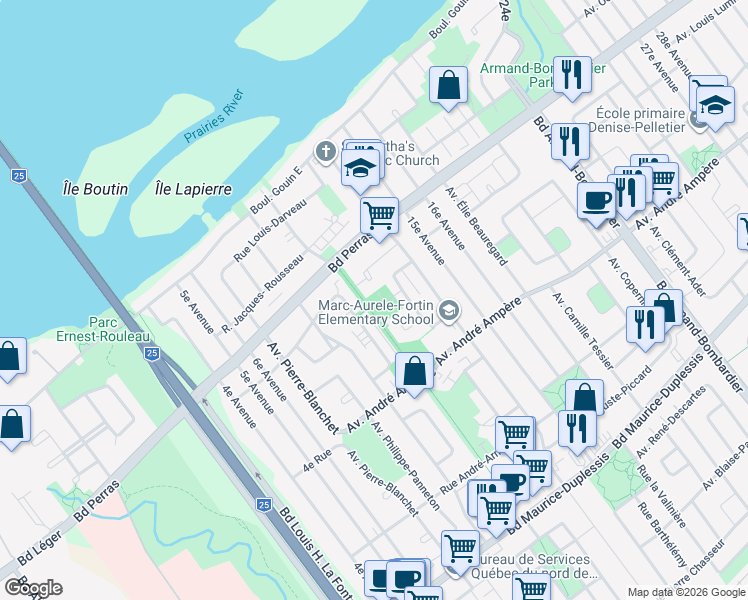 map of restaurants, bars, coffee shops, grocery stores, and more near 7494 Rue Joseph-Morin in Montreal