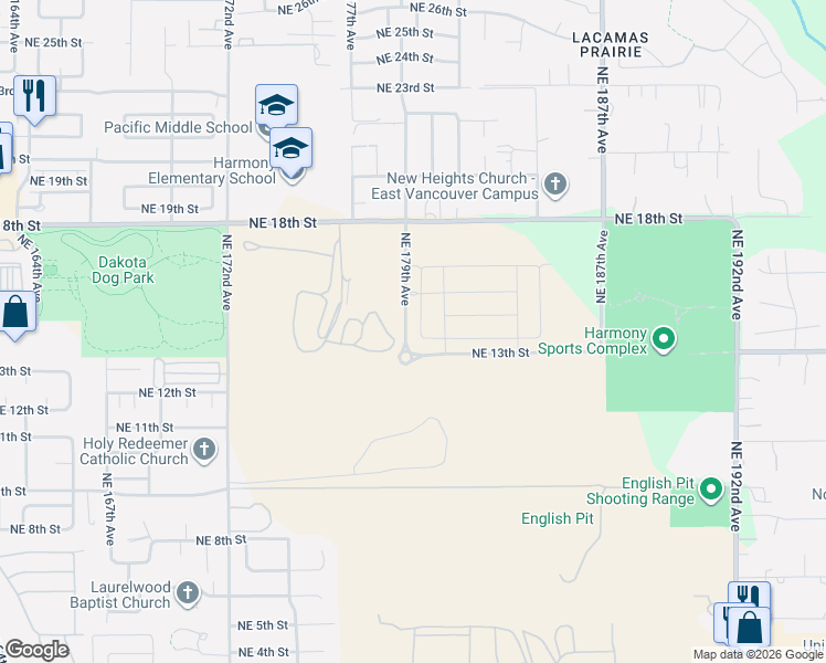 map of restaurants, bars, coffee shops, grocery stores, and more near 1404 Northeast 180th Avenue in Vancouver