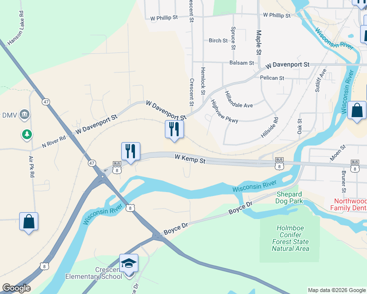 map of restaurants, bars, coffee shops, grocery stores, and more near 608 West Kemp Street in Rhinelander