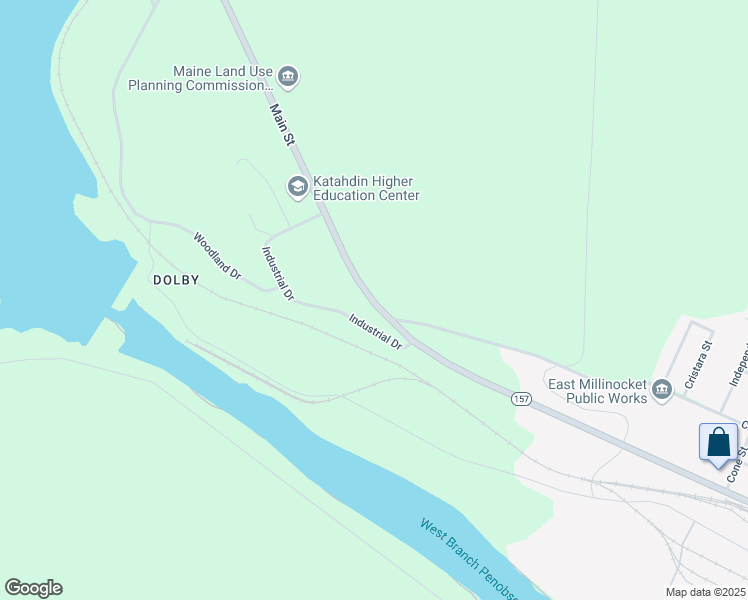 map of restaurants, bars, coffee shops, grocery stores, and more near 65 Industrial Drive in East Millinocket