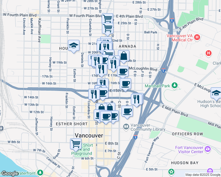 map of restaurants, bars, coffee shops, grocery stores, and more near 150 East 15th Street in Vancouver