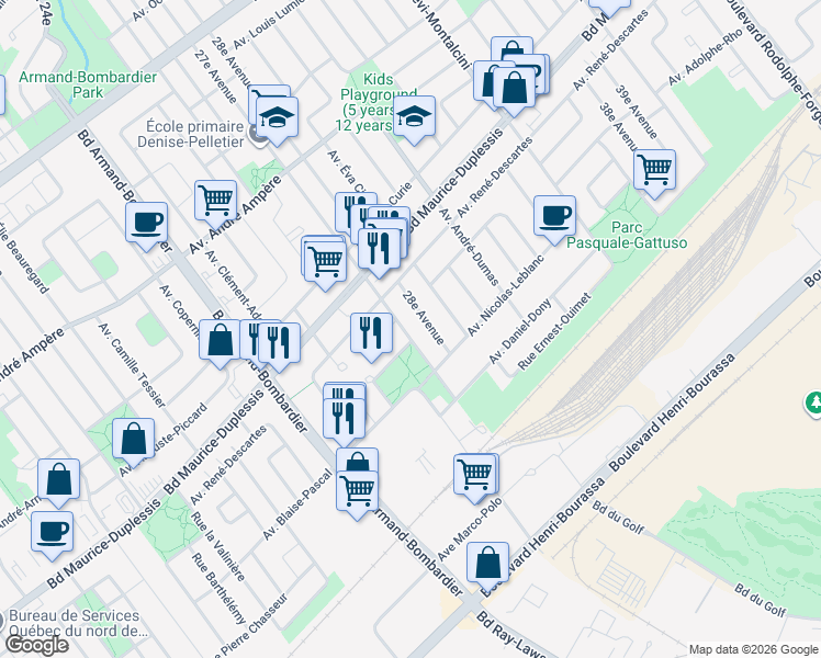 map of restaurants, bars, coffee shops, grocery stores, and more near 7050 27e Avenue in Montrã©Al