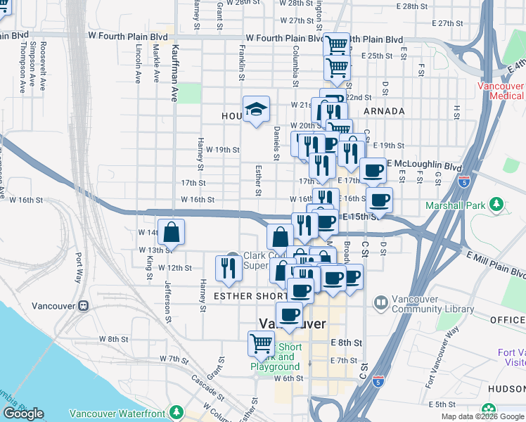 map of restaurants, bars, coffee shops, grocery stores, and more near 1501 Esther Street in Vancouver