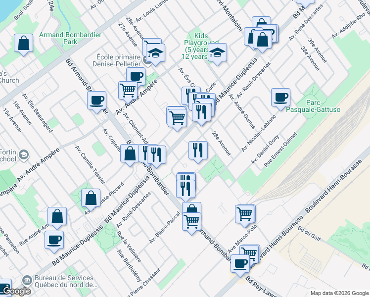 map of restaurants, bars, coffee shops, grocery stores, and more near 8115 Avenue René-Descartes in Montréal