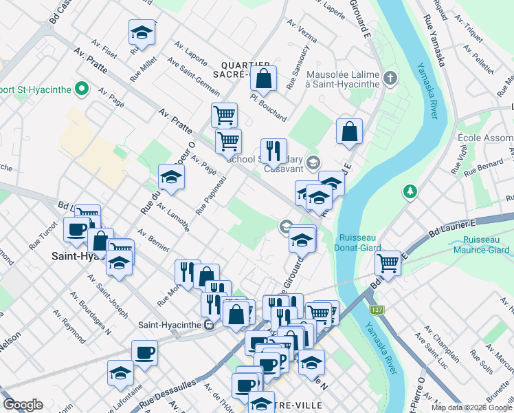 map of restaurants, bars, coffee shops, grocery stores, and more near 2025 Avenue Pratte in Saint-Hyacinthe