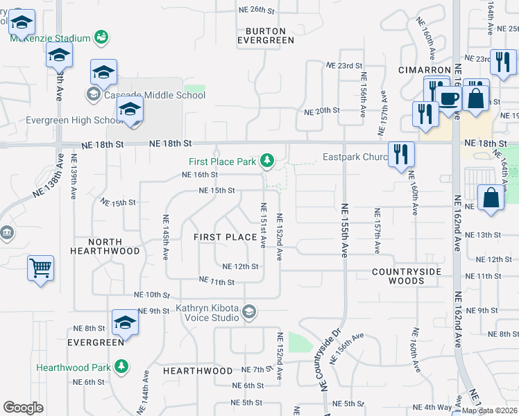 map of restaurants, bars, coffee shops, grocery stores, and more near 1408 Northeast 151st Avenue in Vancouver