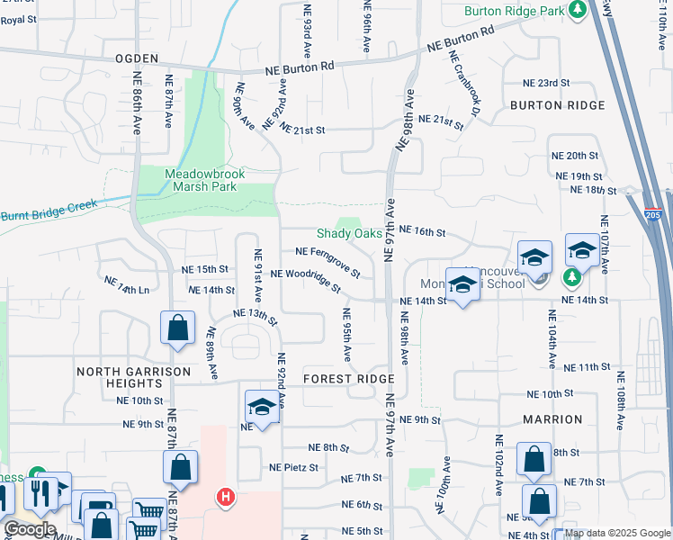 map of restaurants, bars, coffee shops, grocery stores, and more near 9500 Northeast Ferngrove Street in Vancouver