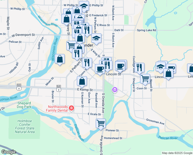 map of restaurants, bars, coffee shops, grocery stores, and more near 255 East Courtney Street in Rhinelander