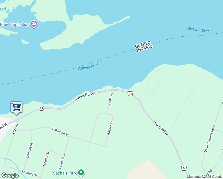 map of restaurants, bars, coffee shops, grocery stores, and more near 162 Front Road West in L'Orignal
