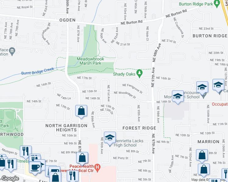 map of restaurants, bars, coffee shops, grocery stores, and more near 1500 Northeast 92nd Avenue in Vancouver