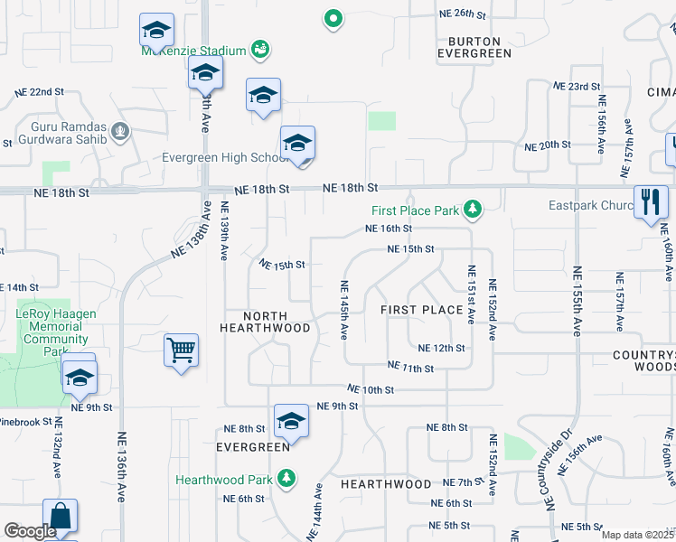 map of restaurants, bars, coffee shops, grocery stores, and more near 1408 Northeast 145th Avenue in Vancouver