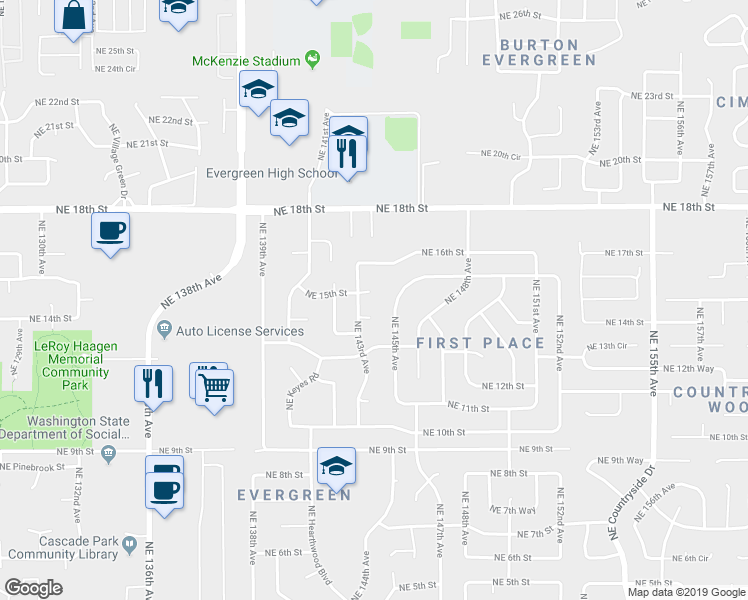 map of restaurants, bars, coffee shops, grocery stores, and more near 14307 Northeast 15th Circle in Vancouver