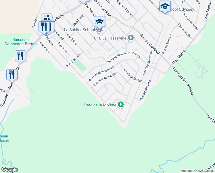 map of restaurants, bars, coffee shops, grocery stores, and more near 368 Rue des Mauves in Saint-Amable
