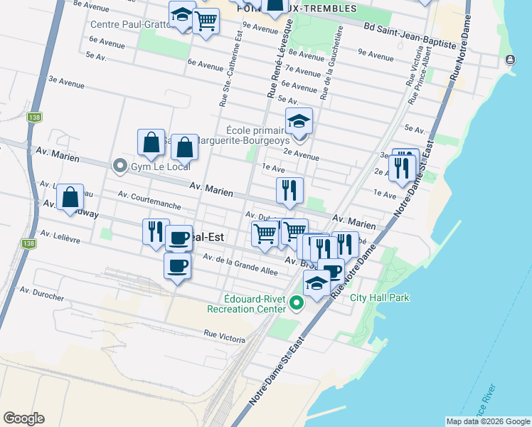 map of restaurants, bars, coffee shops, grocery stores, and more near 97 Avenue Dubé in Montréal-Est