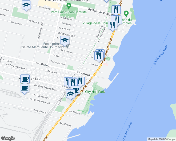 map of restaurants, bars, coffee shops, grocery stores, and more near 122 Avenue Saint Cyr in Montréal-Est
