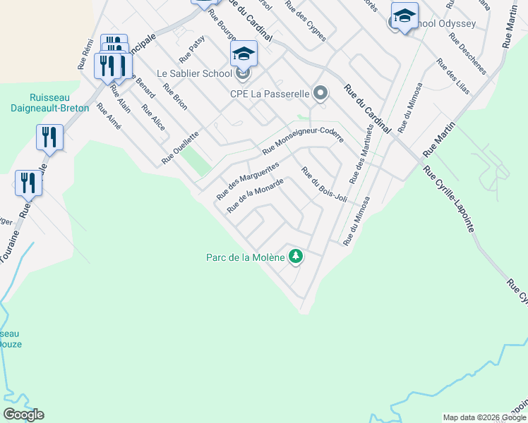 map of restaurants, bars, coffee shops, grocery stores, and more near 368 Rue des Mauves in Saint-Amable