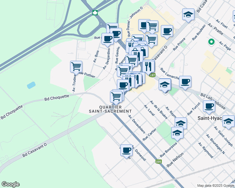 map of restaurants, bars, coffee shops, grocery stores, and more near 2480 Boulevard Casavant Ouest in Saint-Hyacinthe