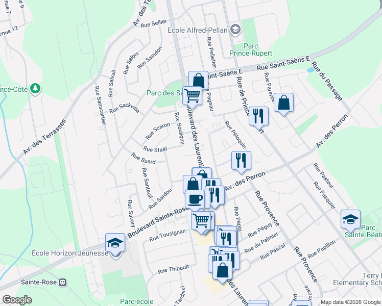 map of restaurants, bars, coffee shops, grocery stores, and more near 35 Rue Sagard in Laval