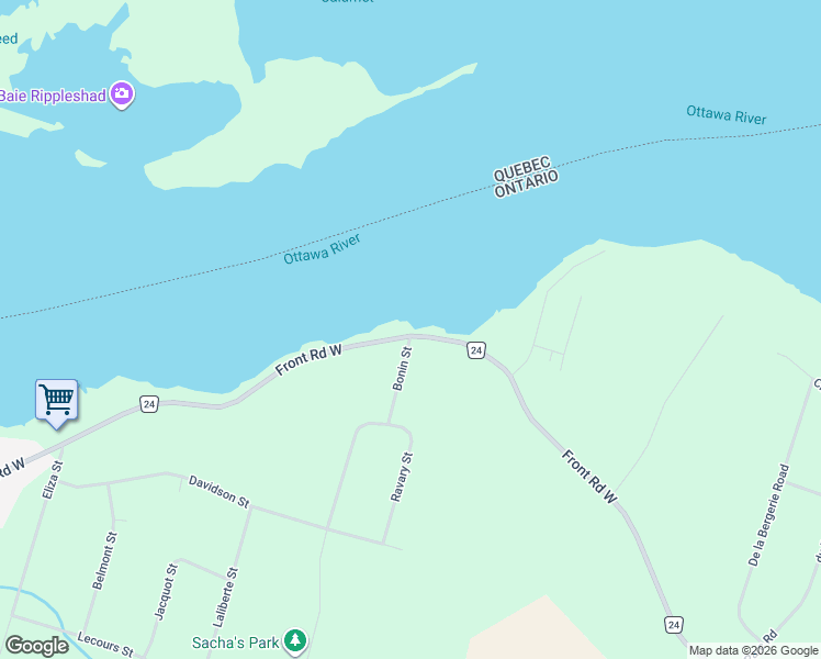 map of restaurants, bars, coffee shops, grocery stores, and more near 161 Front Road West in L'Orignal