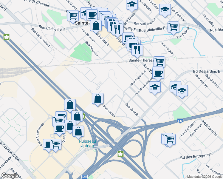 map of restaurants, bars, coffee shops, grocery stores, and more near 96 Rue Blanchard in Sainte-Thérèse