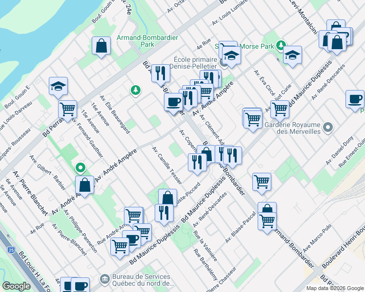 map of restaurants, bars, coffee shops, grocery stores, and more near 12059 Avenue Joseph Tassé in Montréal