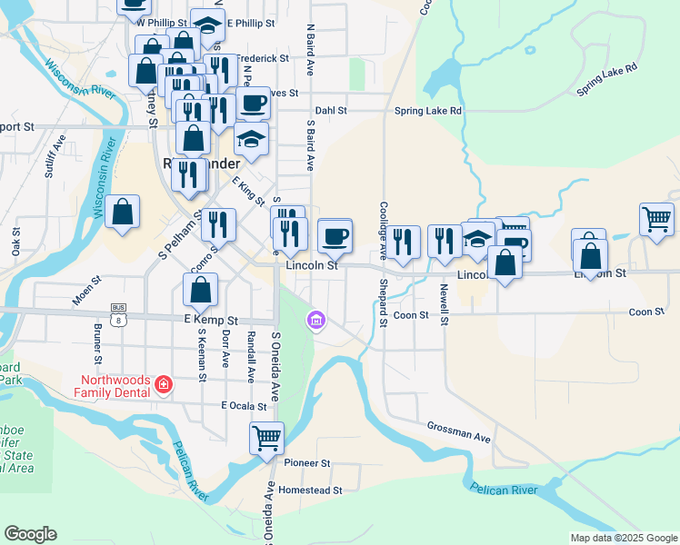 map of restaurants, bars, coffee shops, grocery stores, and more near 432 Lincoln Street in Rhinelander