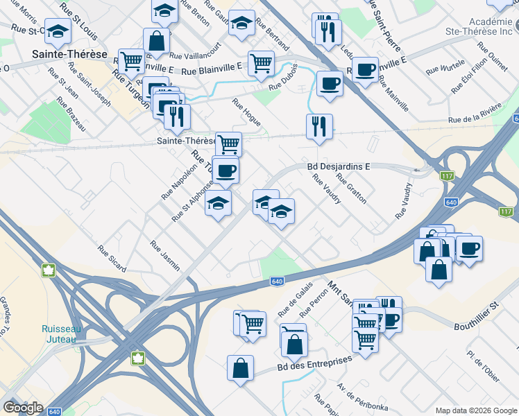 map of restaurants, bars, coffee shops, grocery stores, and more near 12 Boulevard Desjardins Est in Sainte-Thã©Rã¨Se