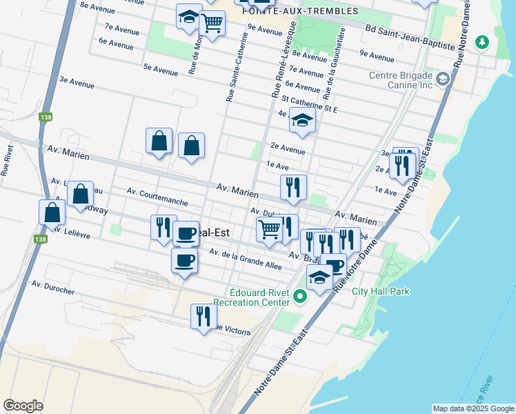 map of restaurants, bars, coffee shops, grocery stores, and more near 127 Avenue Dubé in Montréal-Est