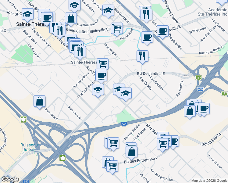 map of restaurants, bars, coffee shops, grocery stores, and more near 12 Boulevard Desjardins Est in Sainte-Thérèse