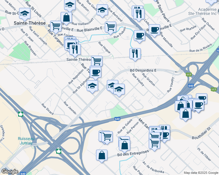 map of restaurants, bars, coffee shops, grocery stores, and more near 12 Boulevard Desjardins Est in Sainte-Thã©Rã¨Se