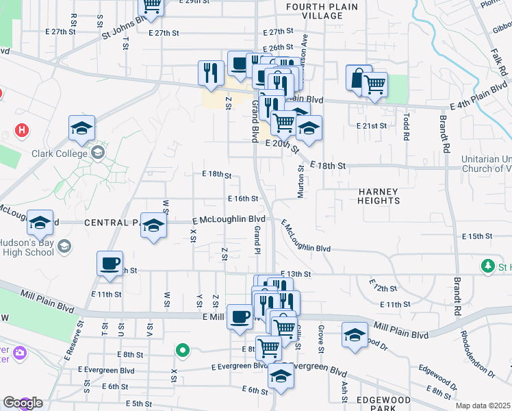 map of restaurants, bars, coffee shops, grocery stores, and more near 2754 East McLoughlin Boulevard in Vancouver