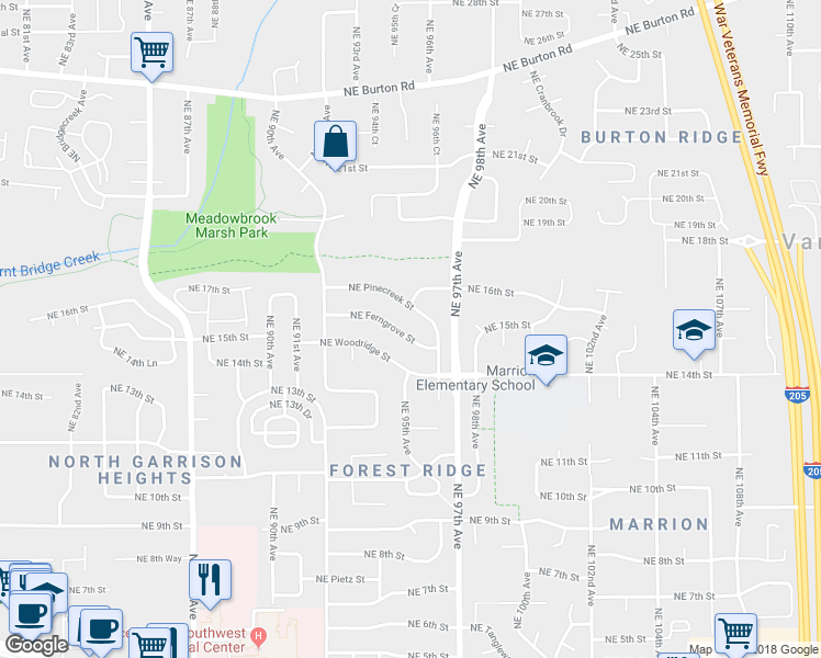 map of restaurants, bars, coffee shops, grocery stores, and more near 9504 Northeast Ferngrove Street in Vancouver