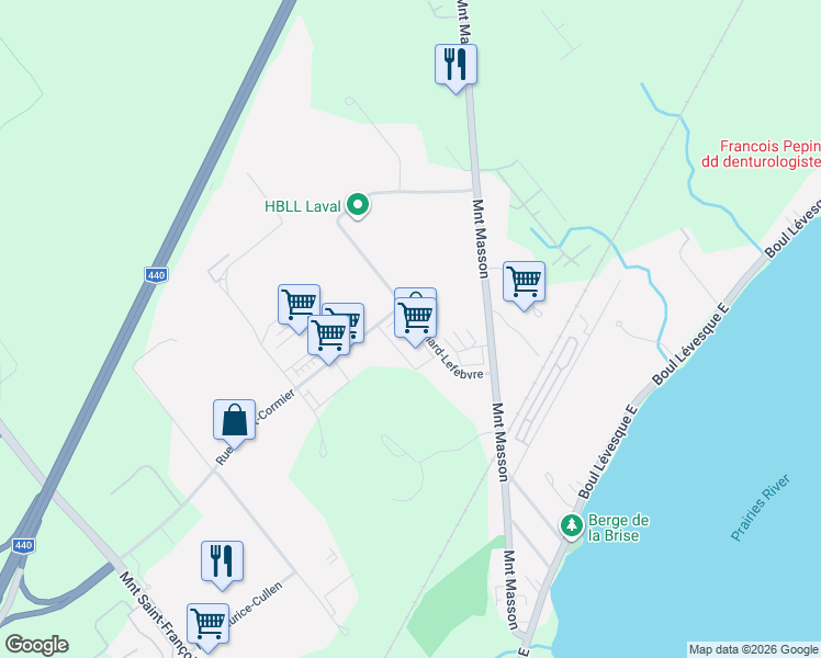 map of restaurants, bars, coffee shops, grocery stores, and more near 1650 Rue Bernard-Lefebvre in Laval
