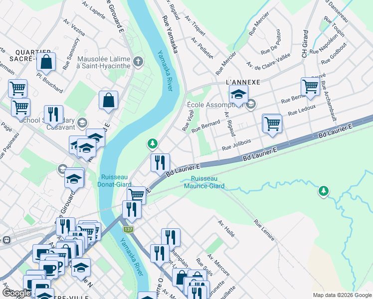 map of restaurants, bars, coffee shops, grocery stores, and more near 12960 Avenue Chicoine in Saint-Hyacinthe