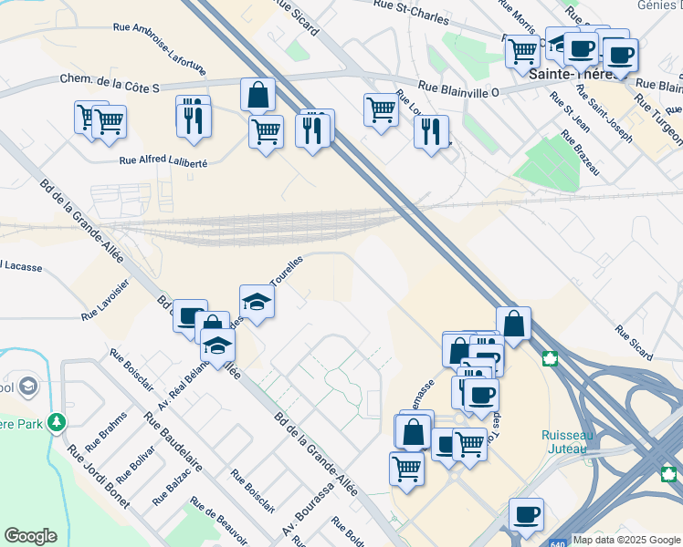 map of restaurants, bars, coffee shops, grocery stores, and more near 3655 Avenue des Grandes Tourelles in Boisbriand