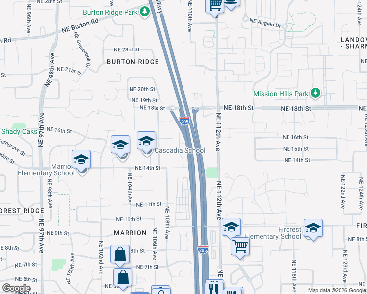 map of restaurants, bars, coffee shops, grocery stores, and more near 10901 Northeast 110th Avenue in Vancouver