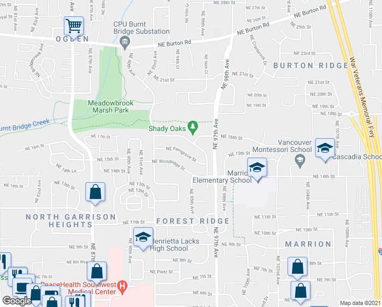 map of restaurants, bars, coffee shops, grocery stores, and more near 9500 Northeast Ferngrove Street in Vancouver