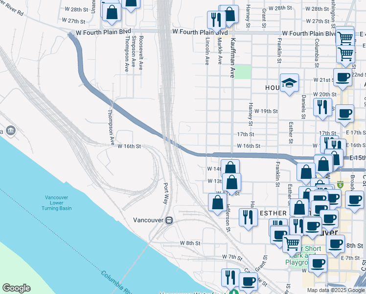 map of restaurants, bars, coffee shops, grocery stores, and more near 2000 West Mill Plain Boulevard in Vancouver