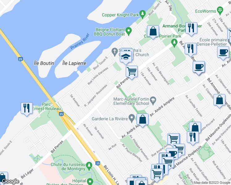 map of restaurants, bars, coffee shops, grocery stores, and more near 7478 Boulevard Perras in Montréal
