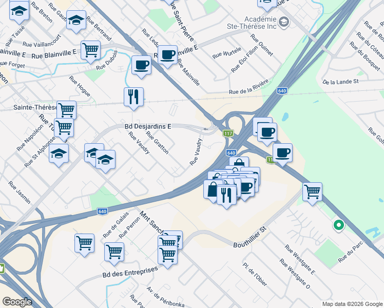 map of restaurants, bars, coffee shops, grocery stores, and more near 180 Rue Vaudry in Sainte-Thã©Rã¨Se