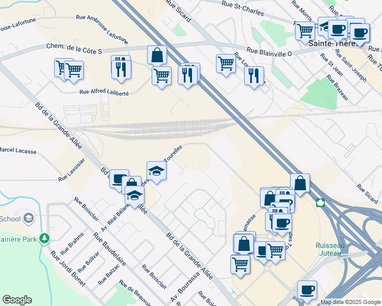 map of restaurants, bars, coffee shops, grocery stores, and more near 3655 Avenue des Grandes Tourelles in Boisbriand