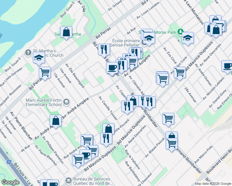 map of restaurants, bars, coffee shops, grocery stores, and more near 12071 Avenue Joseph Tassé in Montréal