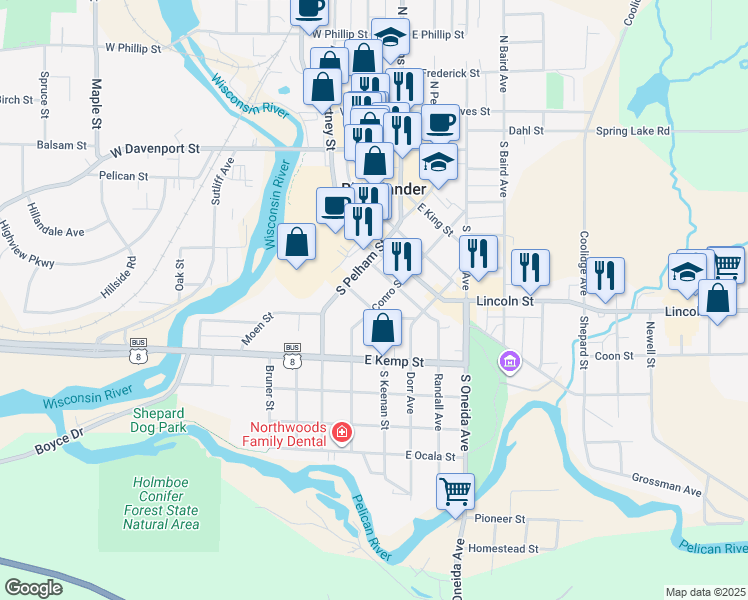 map of restaurants, bars, coffee shops, grocery stores, and more near 107 Keenan Street in Rhinelander
