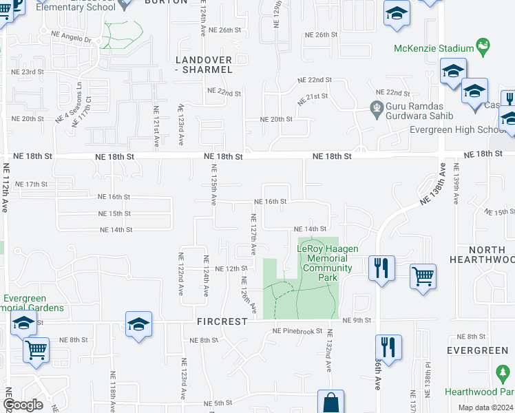 map of restaurants, bars, coffee shops, grocery stores, and more near 12705 Northeast 16th Street in Vancouver