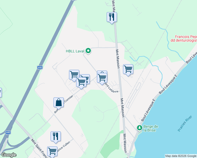 map of restaurants, bars, coffee shops, grocery stores, and more near 2000 Rue Bernard-Lefebvre in Laval