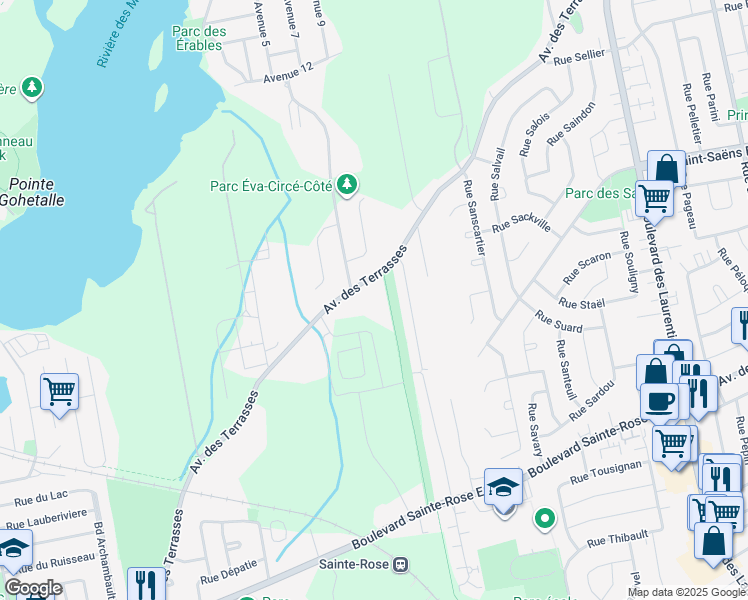 map of restaurants, bars, coffee shops, grocery stores, and more near 5725 Rue de Provence in Laval